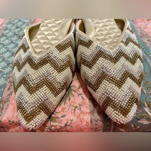 BIRDIES Beaded Mules.  Gold, Silver and Beige Beads in Chevron.  Quilted insole
